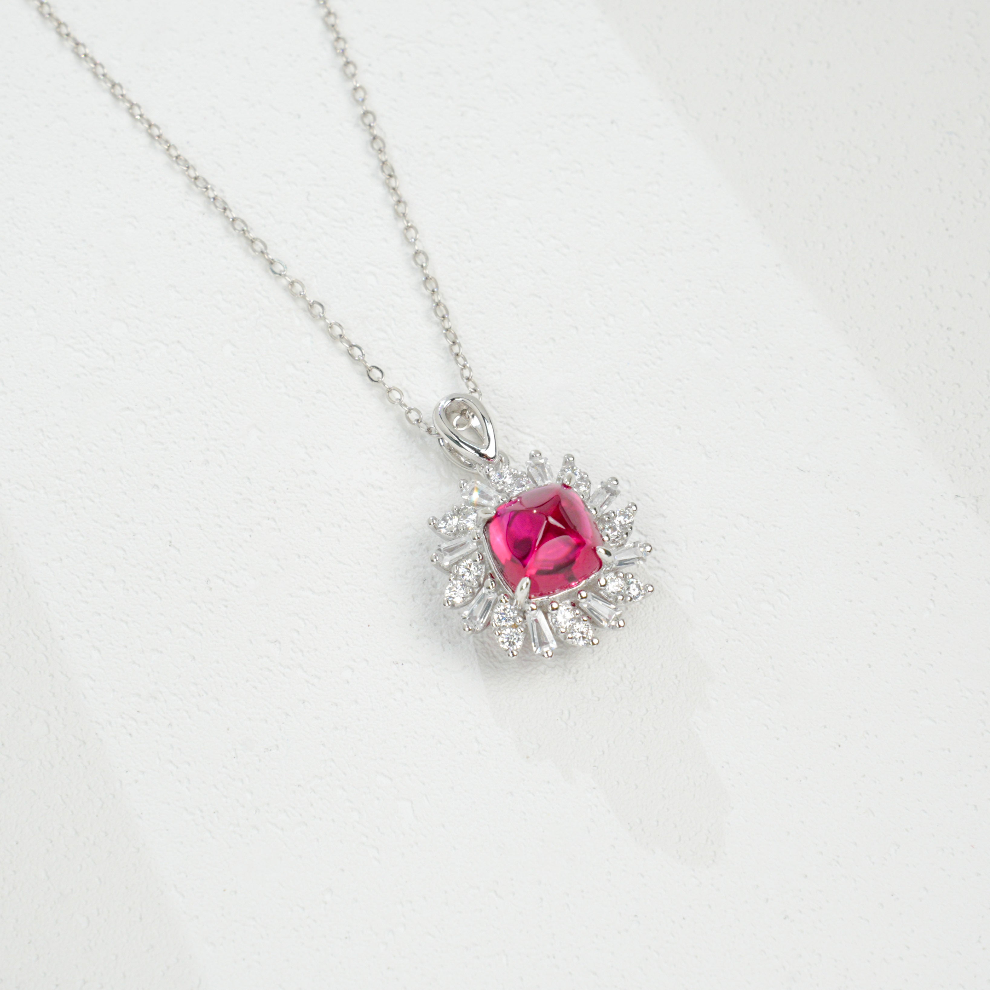 Lab-Grown Ruby Pendant Necklace | S925 Sterling Silver Plated 18K Gold, Cushion Cut with Halo Zircon Accents, Elegant Gemstone Jewelry