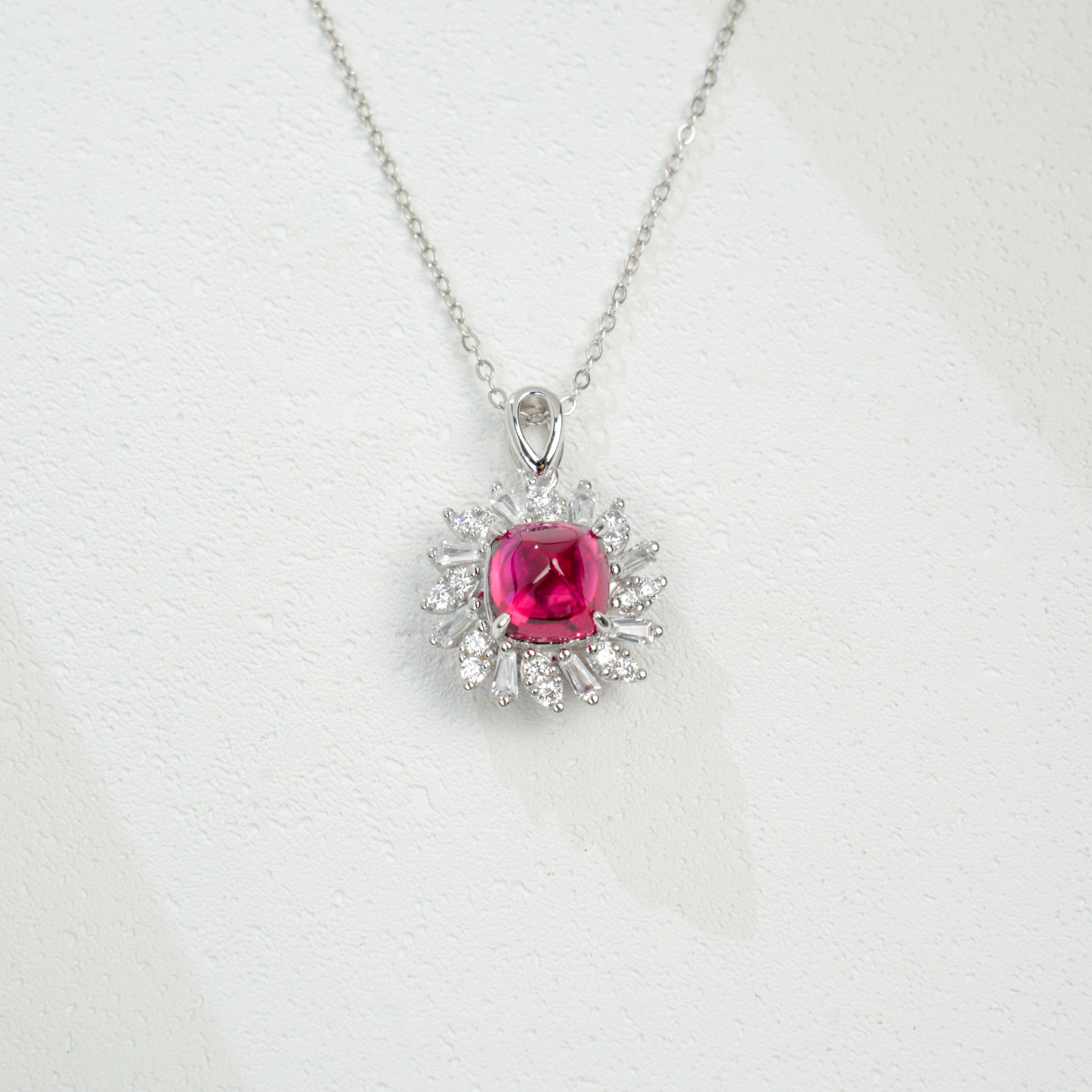 Lab-Grown Ruby Pendant Necklace | S925 Sterling Silver Plated 18K Gold, Cushion Cut with Halo Zircon Accents, Elegant Gemstone Jewelry
