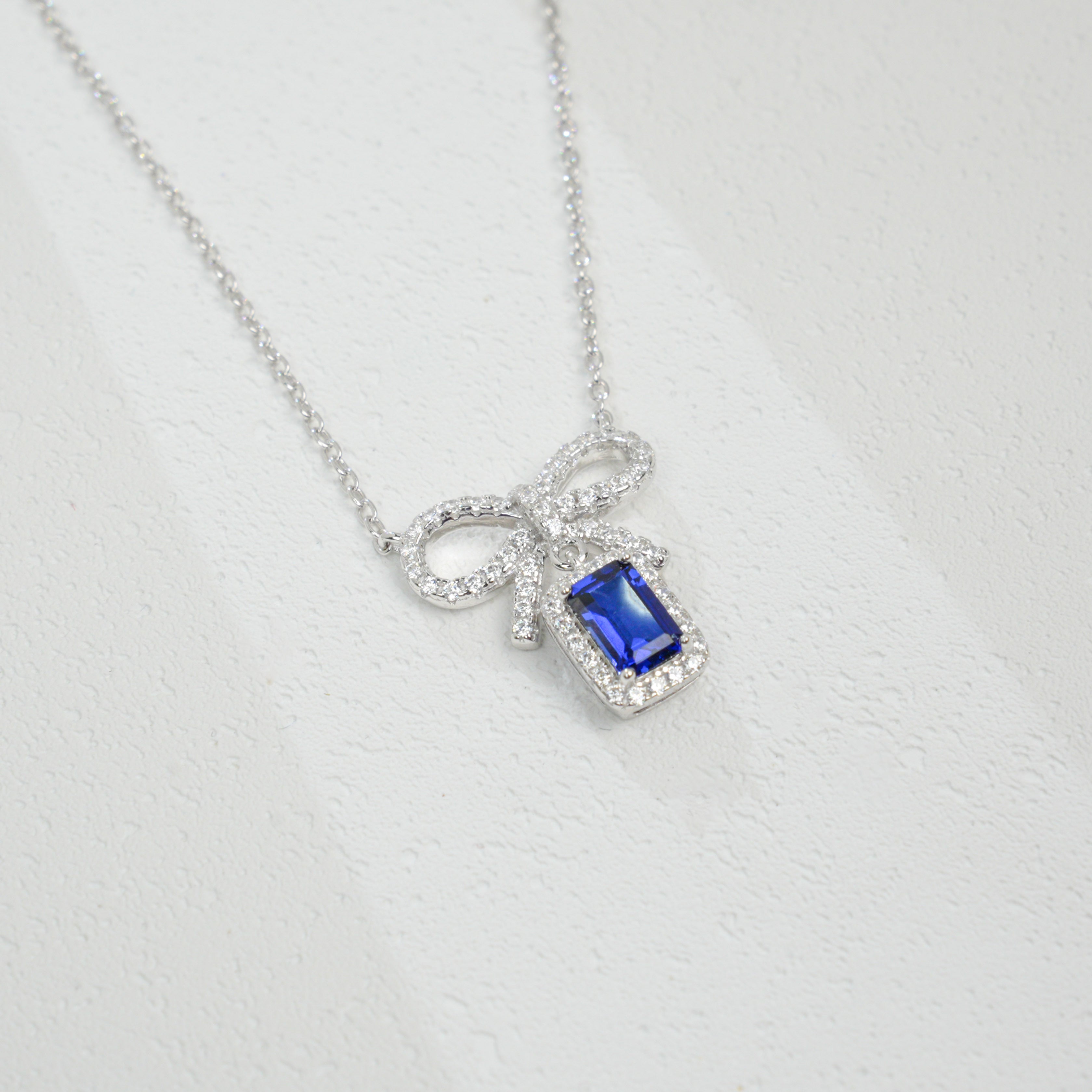 Lab-Grown Ruby and Sapphire Bow - Shaped Pendant Necklaces | S925 Sterling Silver Plated 18K Gold, Emerald Cut with Halo Zircon Accents, Charming Gemstone Jewelry