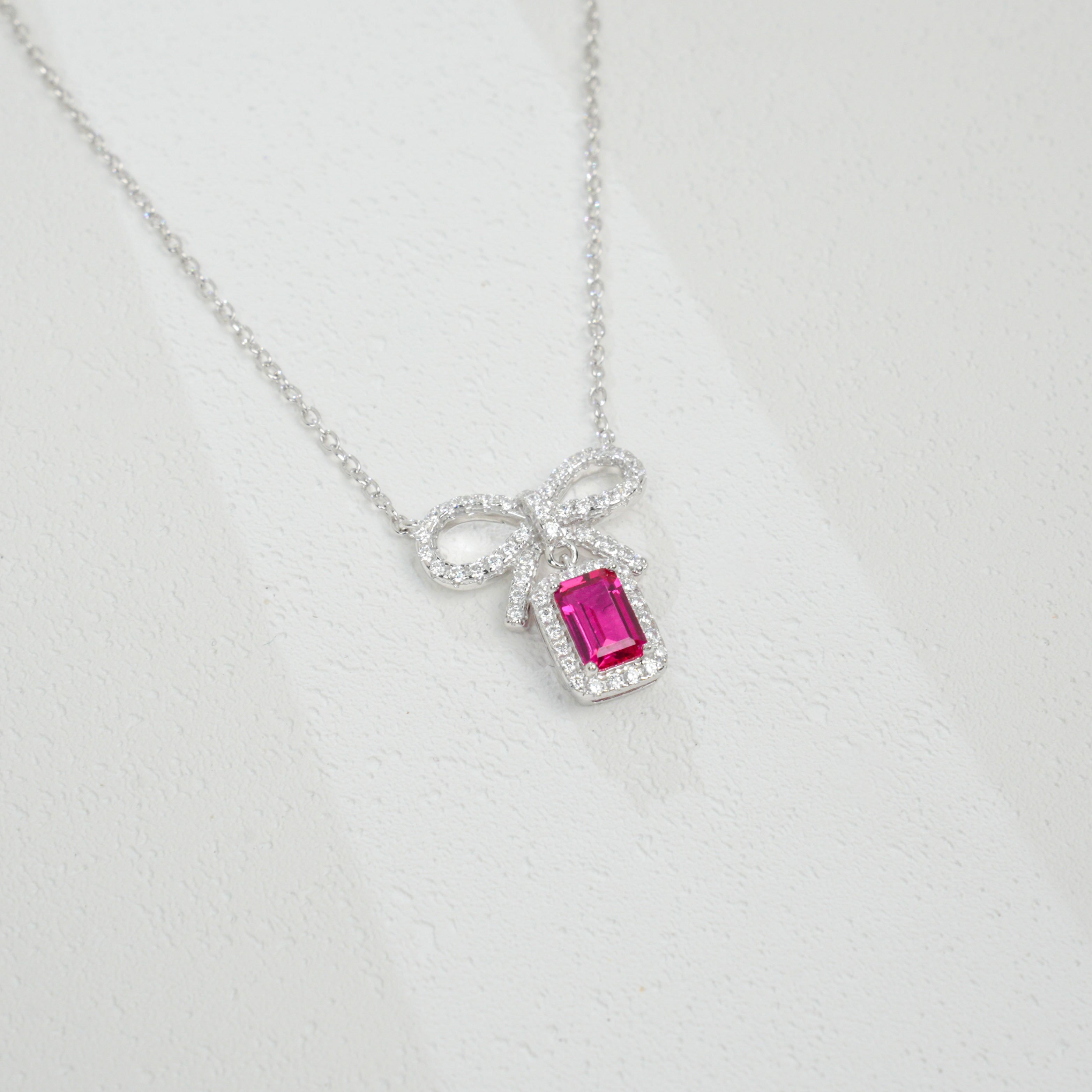 Lab-Grown Ruby and Sapphire Bow - Shaped Pendant Necklaces | S925 Sterling Silver Plated 18K Gold, Emerald Cut with Halo Zircon Accents, Charming Gemstone Jewelry
