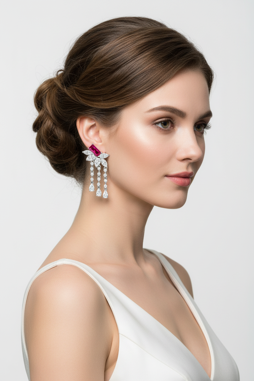 女模特佩戴红宝石钻石耳饰