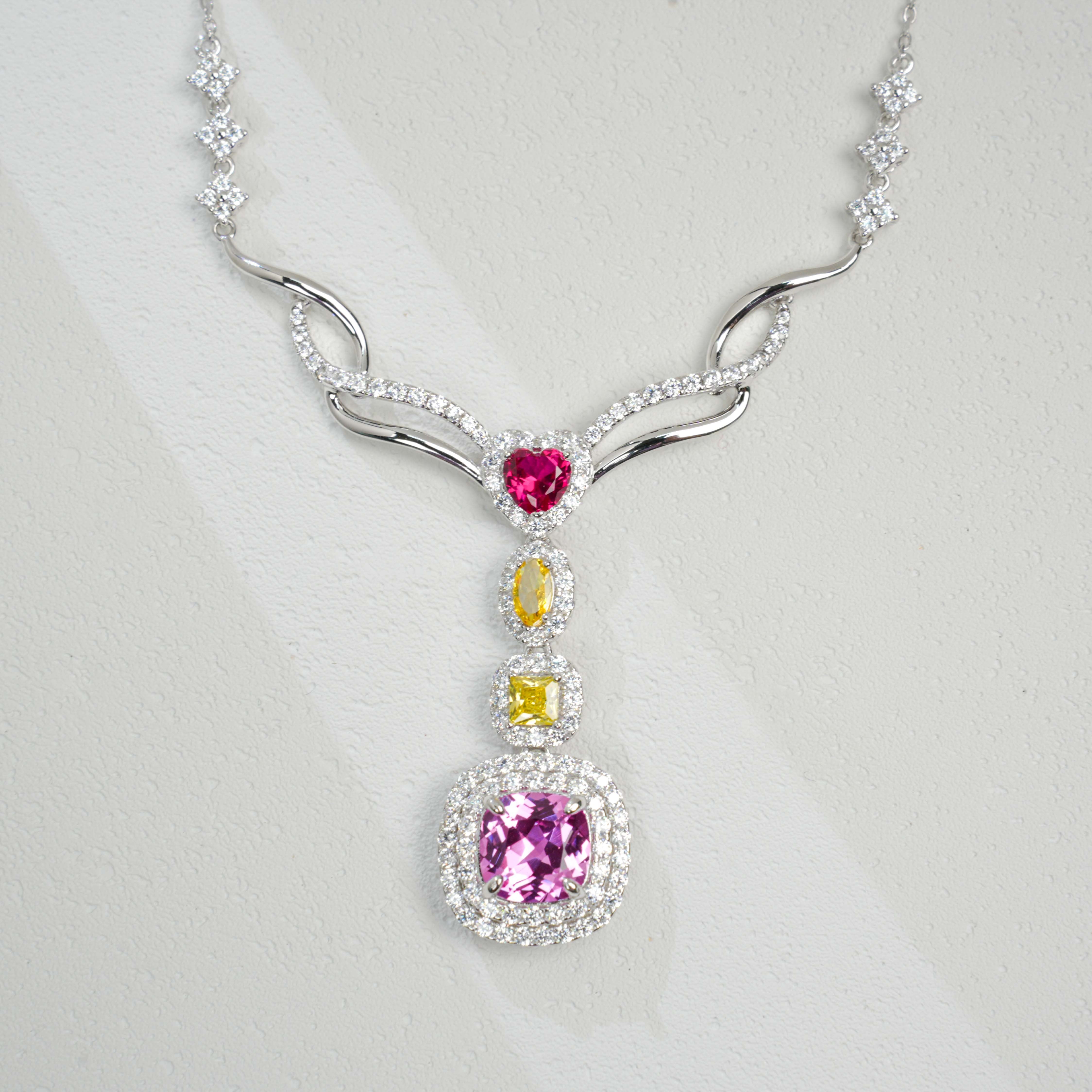 Lab-Grown Padparadscha Sapphire Necklace | S925 Sterling Silver Plated 18K Gold, Multiple - Cut Gemstones with Zircon Halo Accents, Exquisite Luxury Jewelry