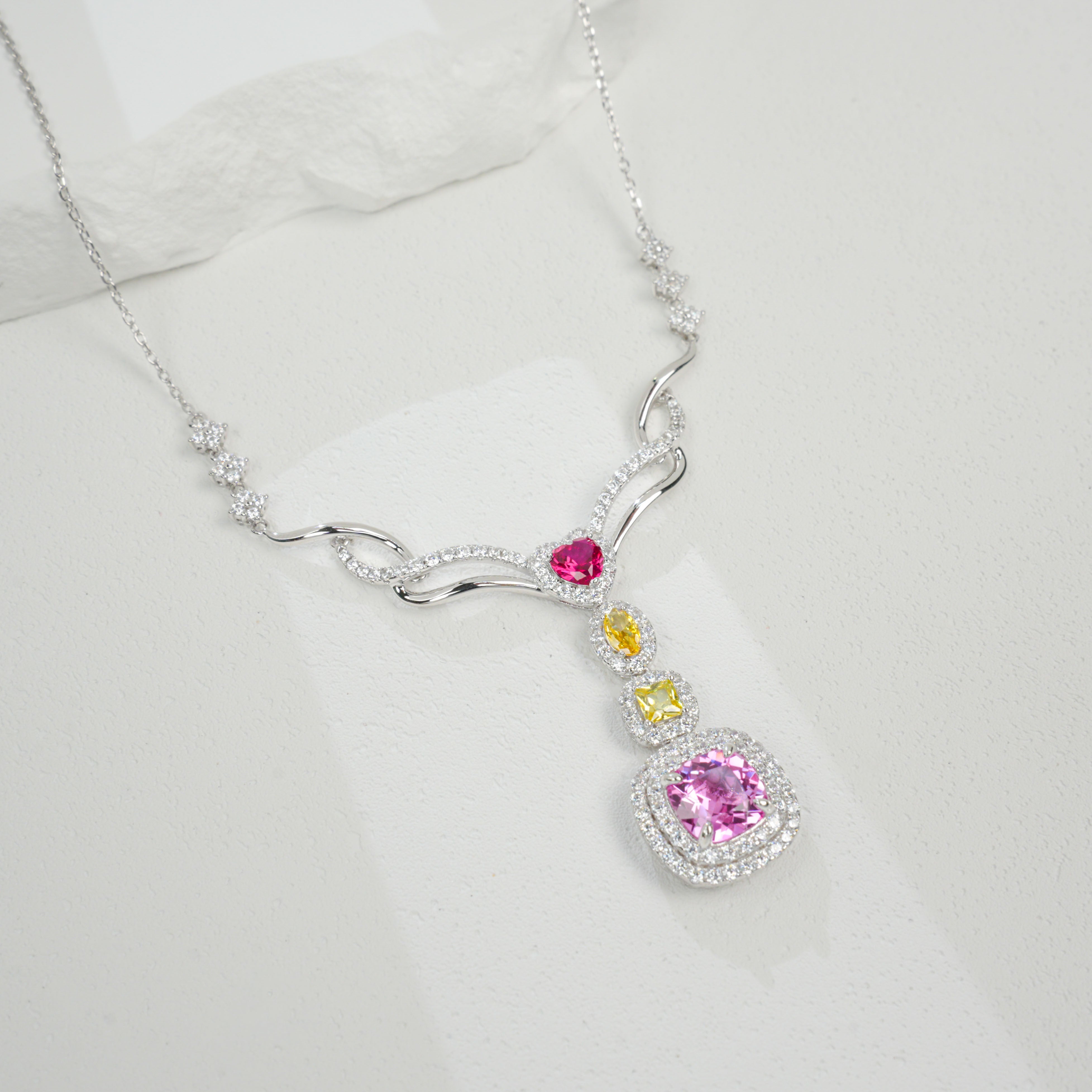 Lab-Grown Padparadscha Sapphire Necklace | S925 Sterling Silver Plated 18K Gold, Multiple - Cut Gemstones with Zircon Halo Accents, Exquisite Luxury Jewelry