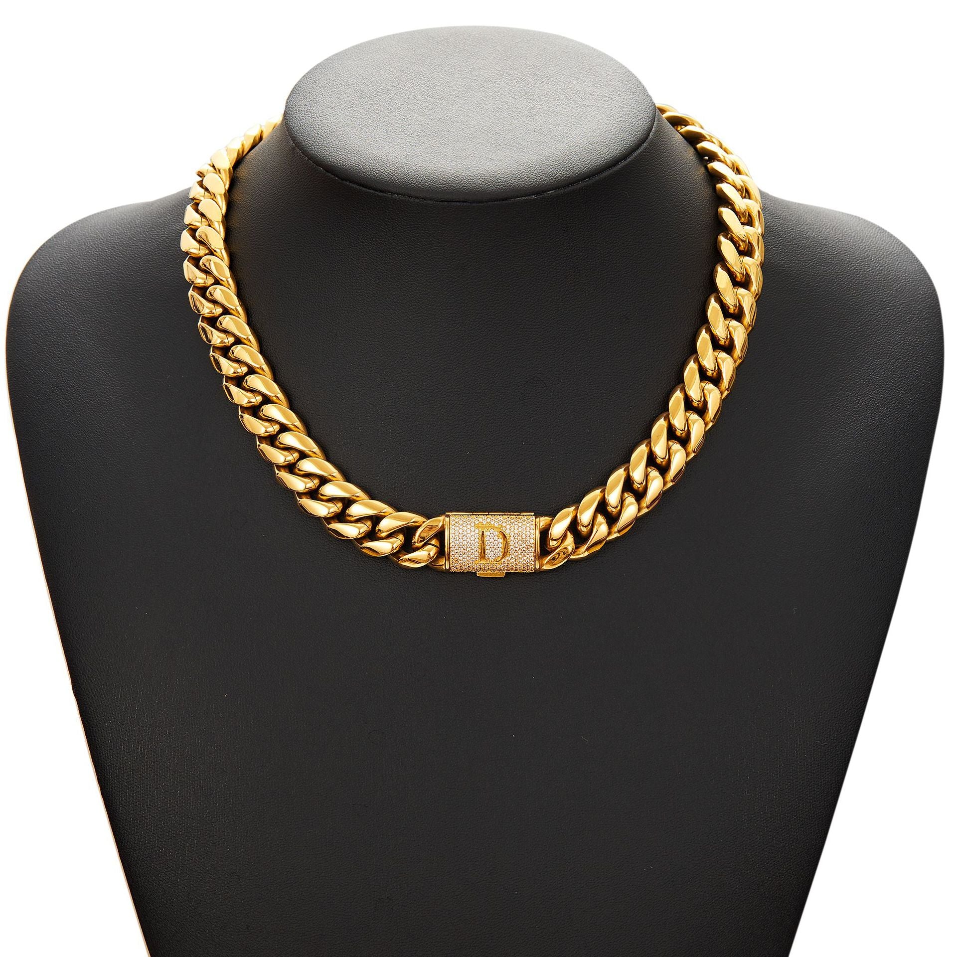 14mm Cuban Link Set - A-Z Custom Initial Iced Out Clasp，18K Gold