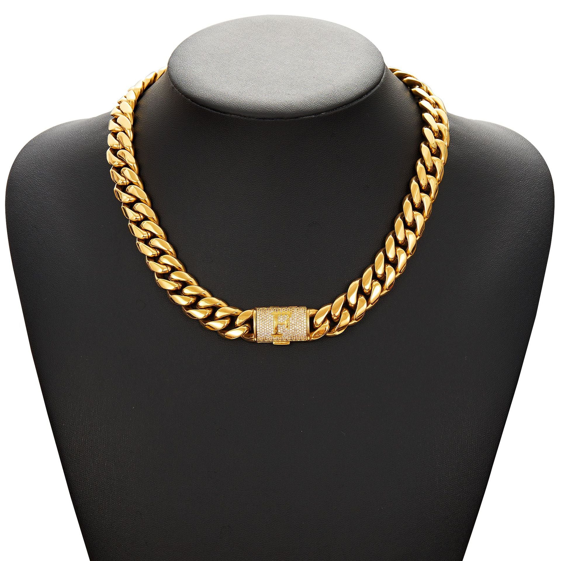 14mm Cuban Link Set - A-Z Custom Initial Iced Out Clasp，18K Gold