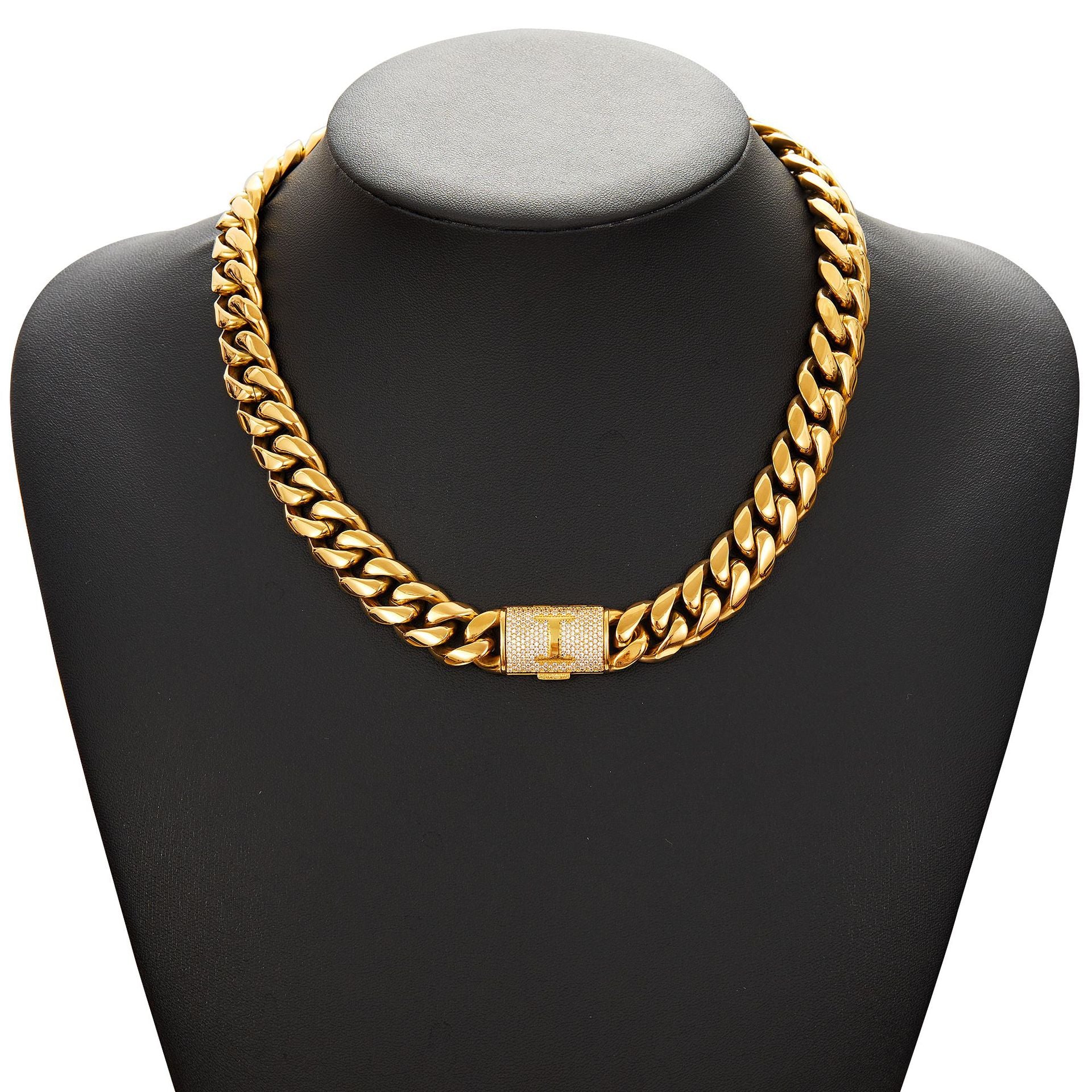14mm Cuban Link Set - A-Z Custom Initial Iced Out Clasp，18K Gold