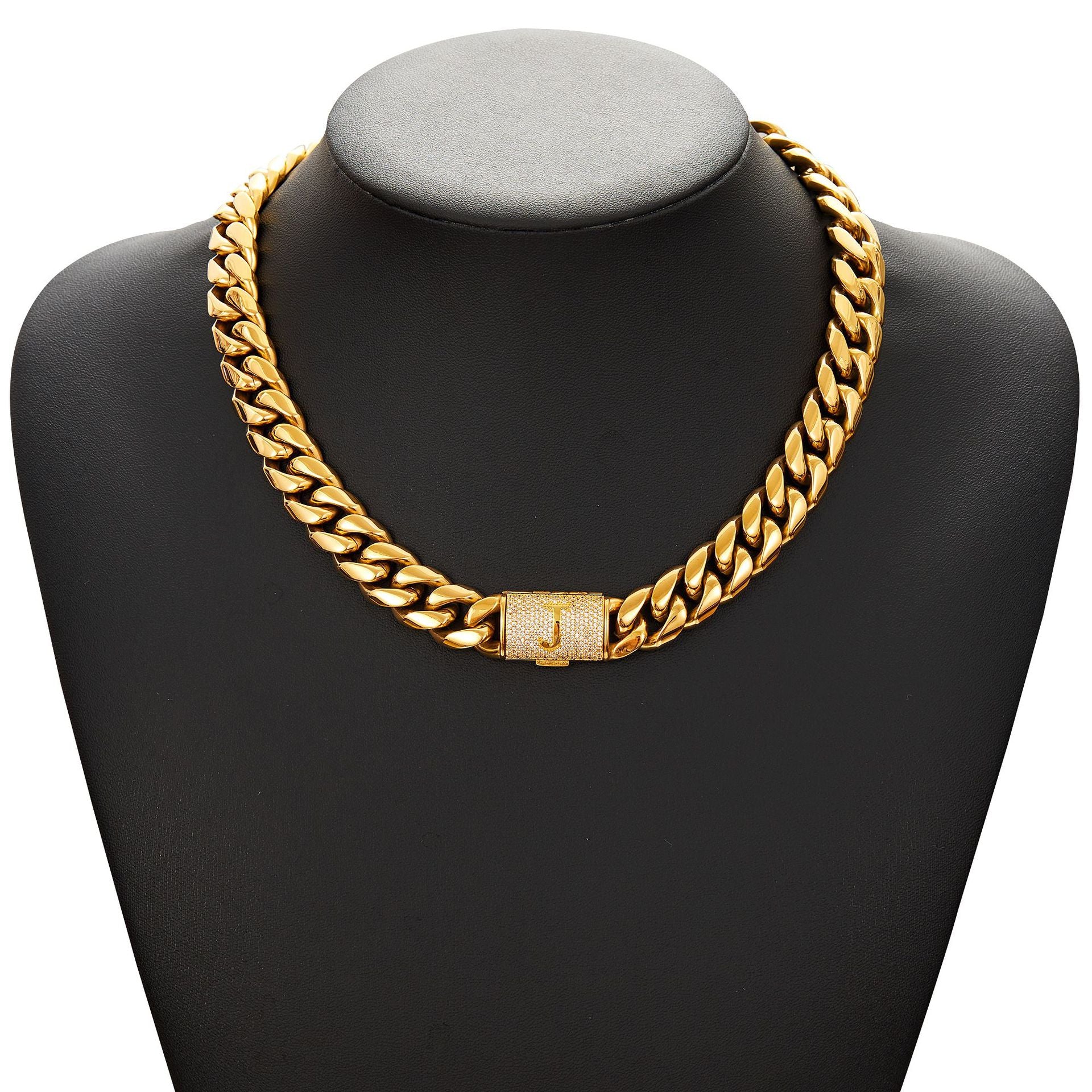 14mm Cuban Link Set - A-Z Custom Initial Iced Out Clasp，18K Gold
