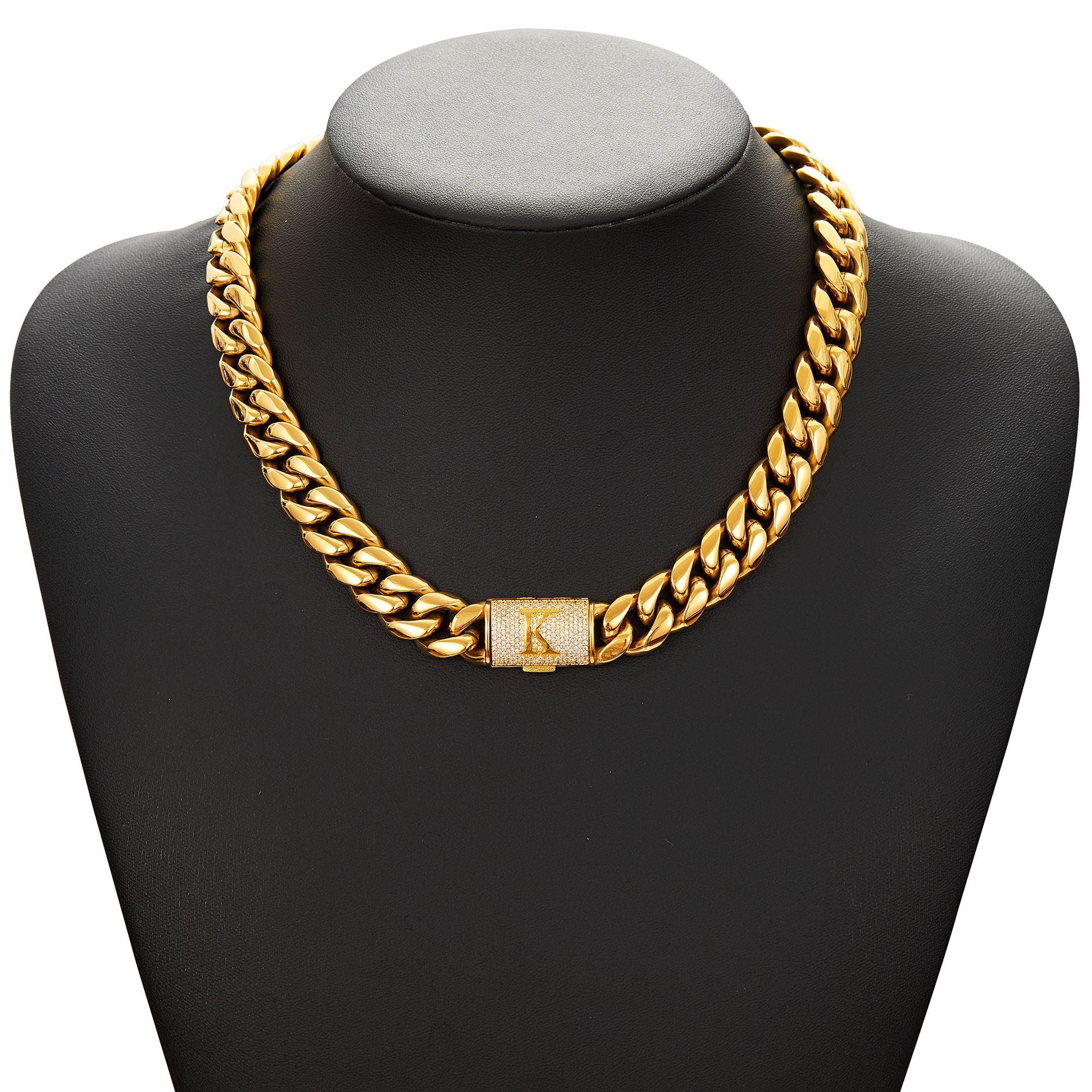 14mm Cuban Link Set - A-Z Custom Initial Iced Out Clasp，18K Gold