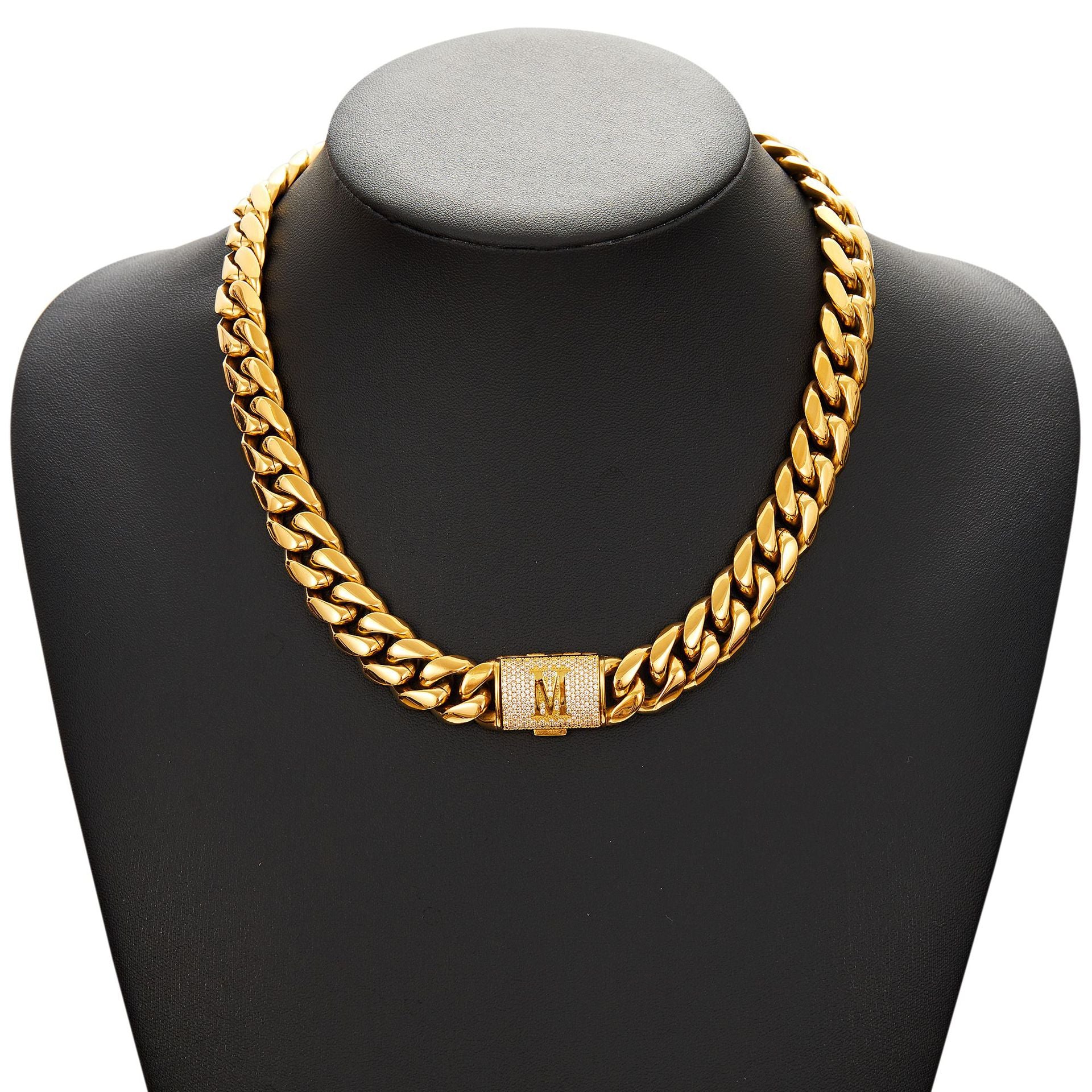 14mm Cuban Link Set - A-Z Custom Initial Iced Out Clasp，18K Gold