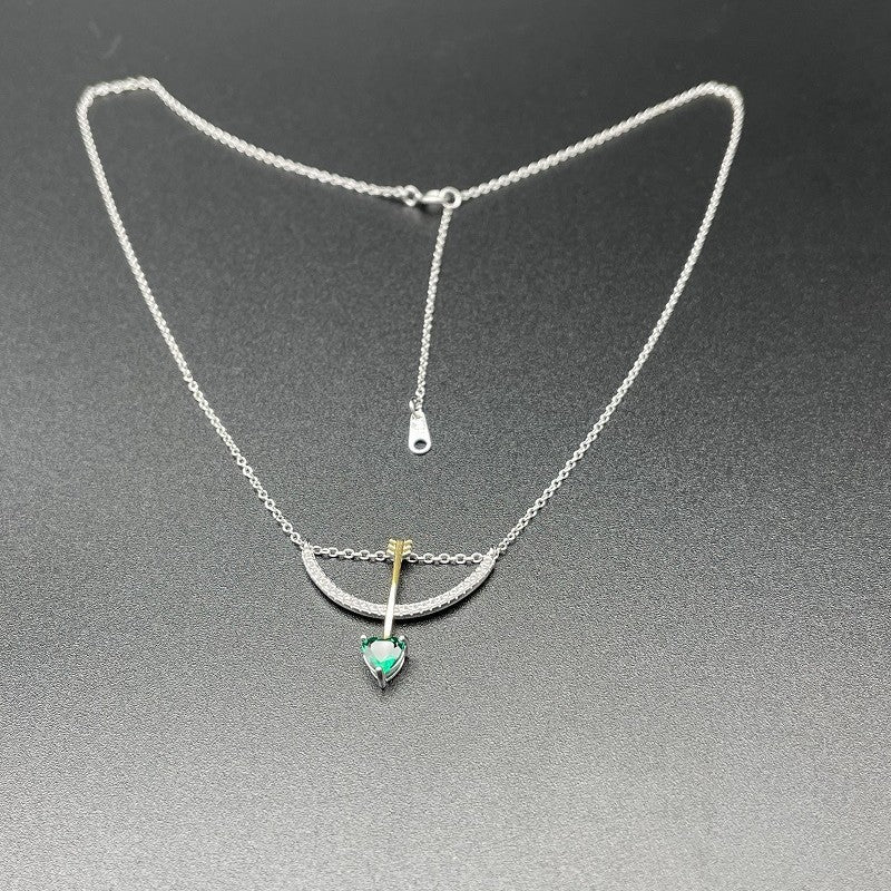 Elegant S925 Silver Plated with 18K Gold Cultured Emerald Archery-inspired Pendant Necklace - Shining Heart-shaped Green Gemstone, Exuding Elegant Charm
