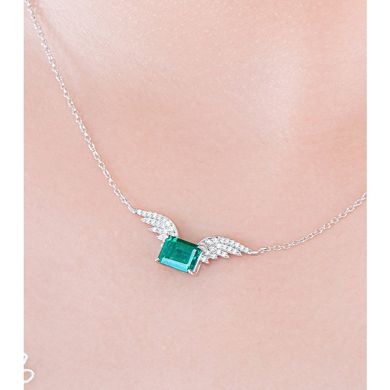 Dreamy Angel Wings! Lab-Grown Emerald with S925 Silver Plated 18K Gold Necklace, Shine Your Charm