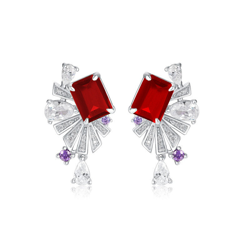 Luxurious Lab-Grown Ruby S925 Silver with 18K Gold Plating Earrings - Adorned with Sparkling Diamonds and Amethysts, Exuding Noble Elegance