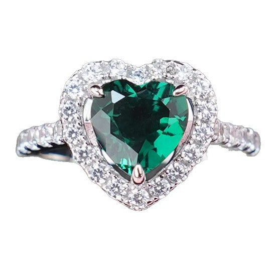 Romantic Heart-Shaped Lab-Created Emerald S925 Silver Plated with 18k Gold Ring, Sparkling Setting Exudes Elegance