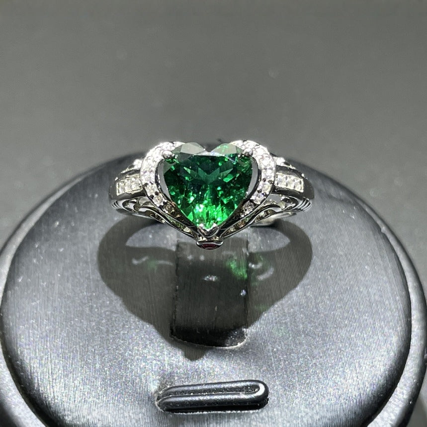 Romantic Heart-Shaped Lab-Created Emerald S925 Silver Plated with 18k Gold Ring, Sparkling Setting Exudes Elegance