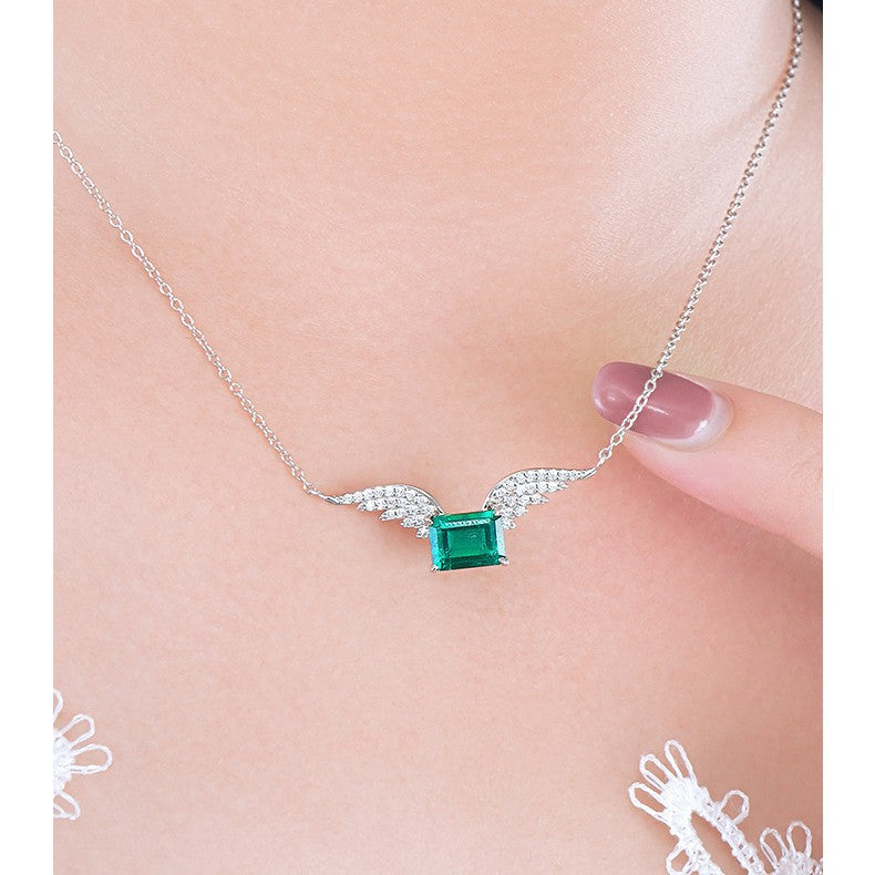 Dreamy Angel Wings! Lab-Grown Emerald with S925 Silver Plated 18K Gold Necklace, Shine Your Charm