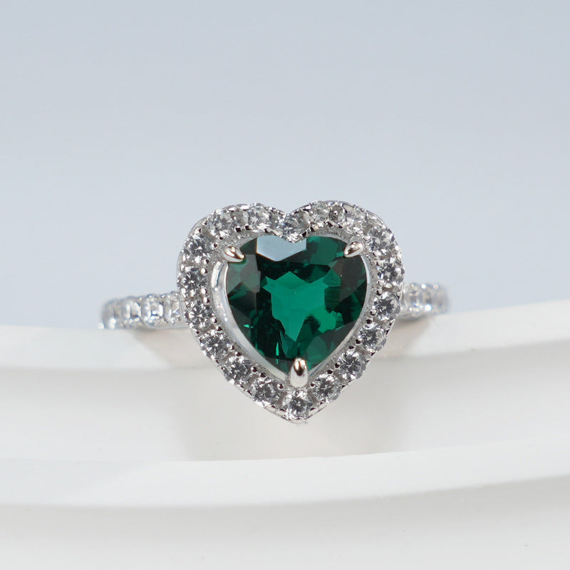 Romantic Heart-Shaped Lab-Created Emerald S925 Silver Plated with 18k Gold Ring, Sparkling Setting Exudes Elegance