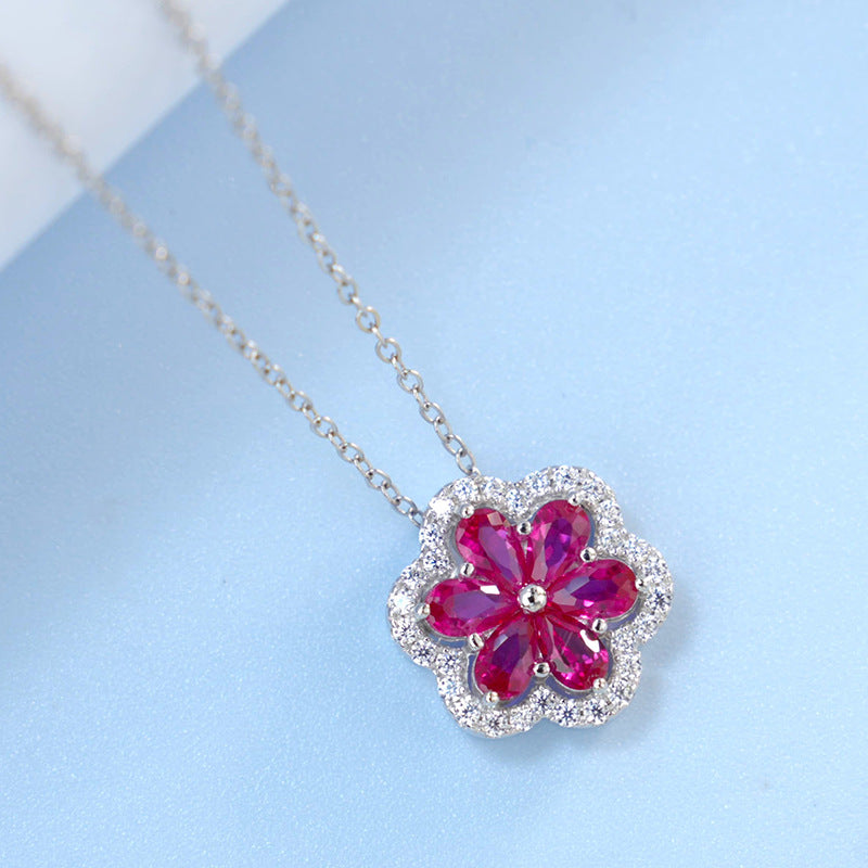Sparkling Lab-Grown Ruby Floral Pendant | S925 Silver Plated with 18K Gold, Exuding Luxurious Charm