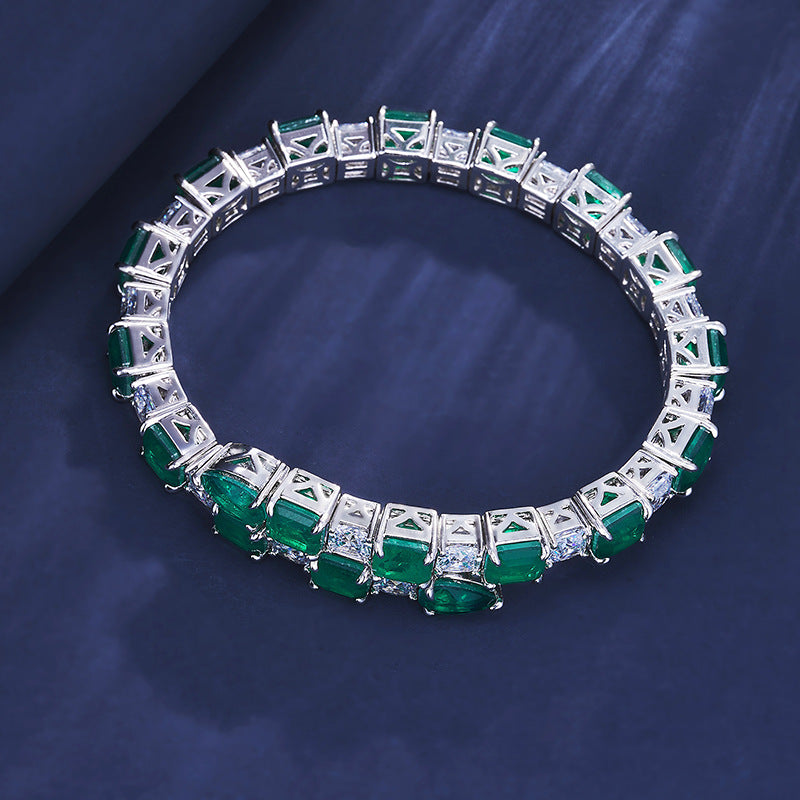 Zhou Hengfu's new light luxury green treasure bracelet women's S925 silver full inlaid synthetic colored treasure jewelry European and American atmosphere
