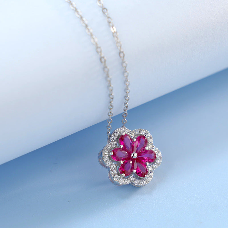 Sparkling Lab-Grown Ruby Floral Pendant | S925 Silver Plated with 18K Gold, Exuding Luxurious Charm