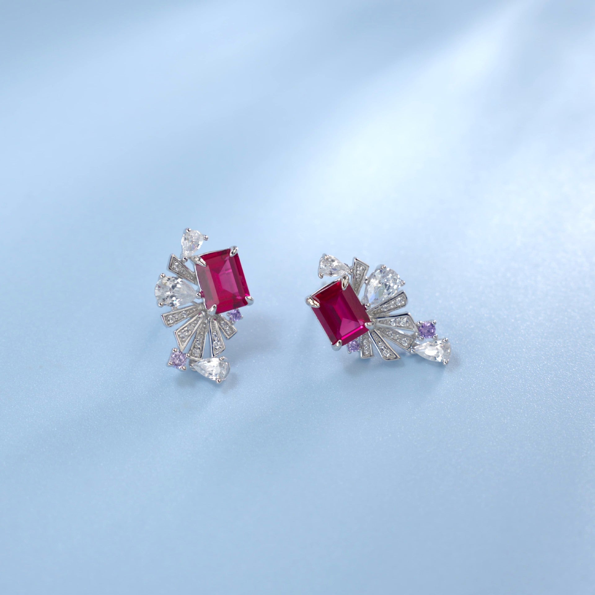 Luxurious Lab-Grown Ruby S925 Silver with 18K Gold Plating Earrings - Adorned with Sparkling Diamonds and Amethysts, Exuding Noble Elegance