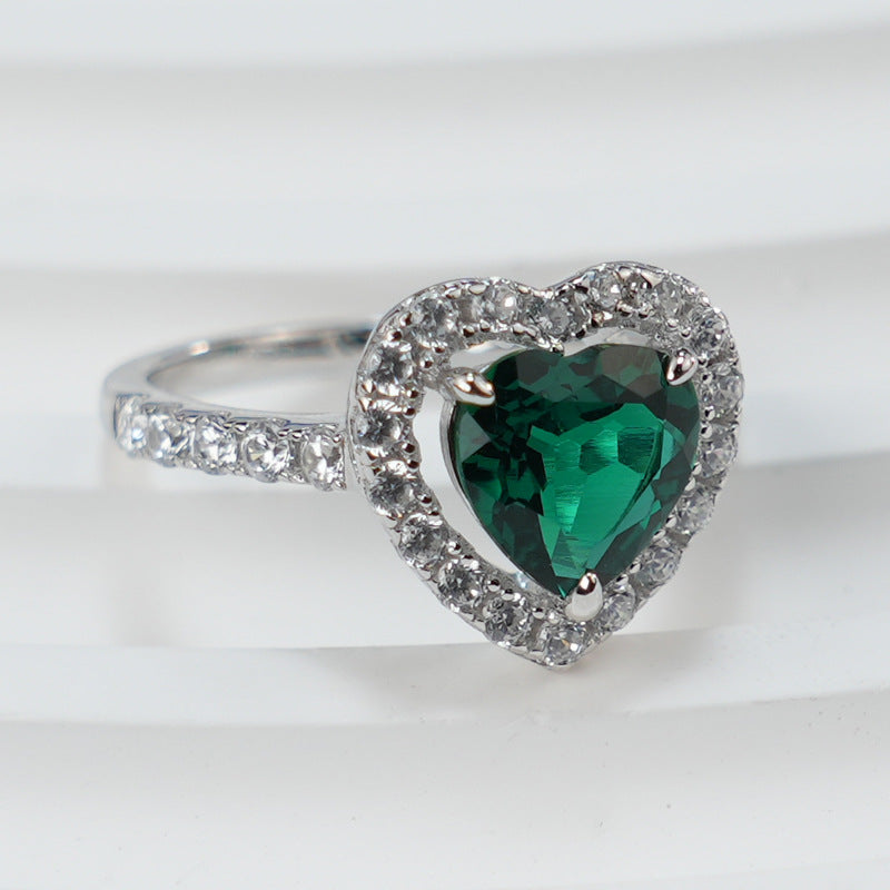 Romantic Heart-Shaped Lab-Created Emerald S925 Silver Plated with 18k Gold Ring, Sparkling Setting Exudes Elegance