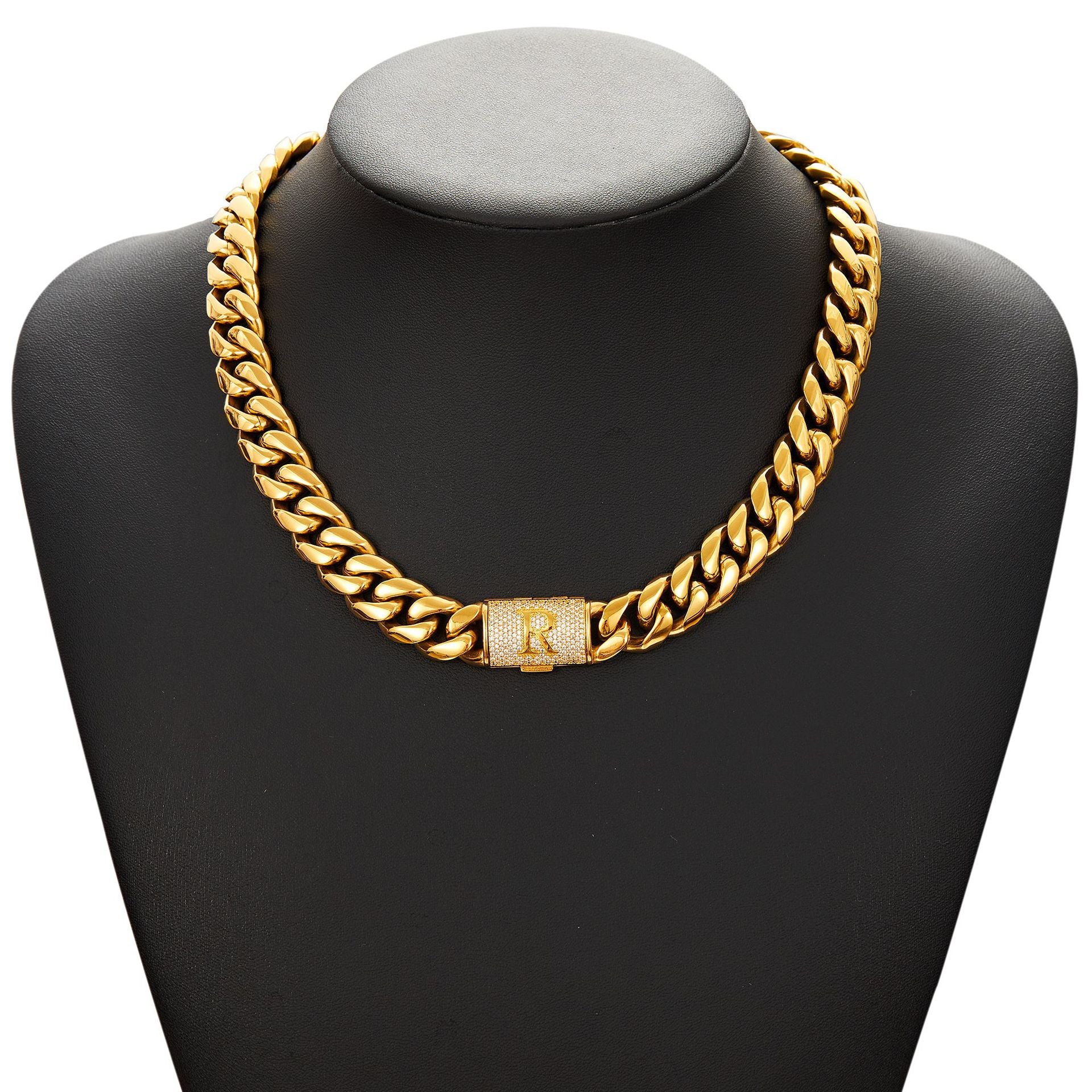 14mm Cuban Link Set - A-Z Custom Initial Iced Out Clasp，18K Gold
