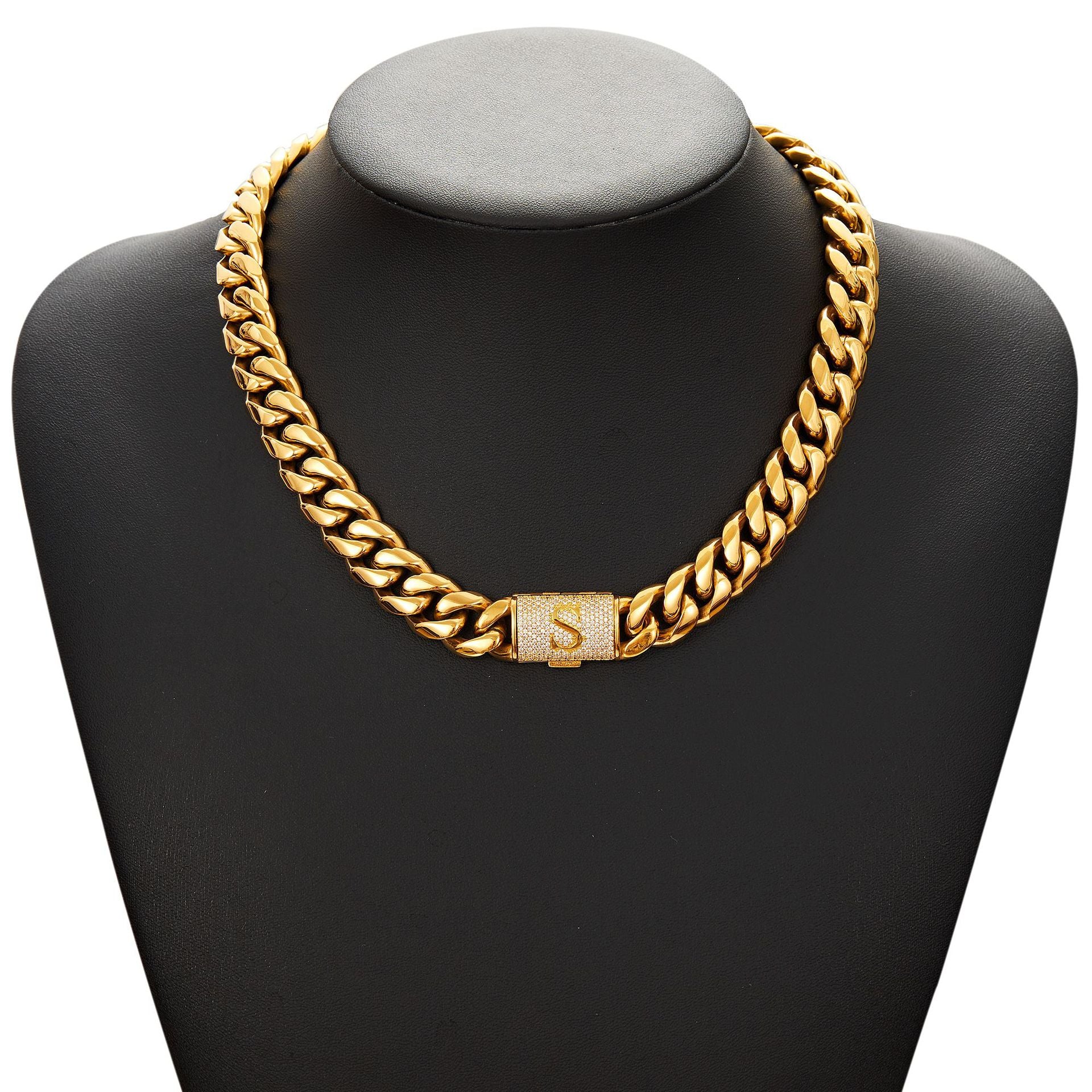 14mm Cuban Link Set - A-Z Custom Initial Iced Out Clasp，18K Gold