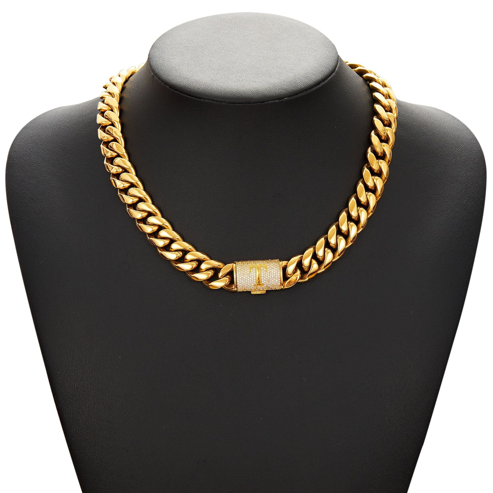 14mm Cuban Link Set - A-Z Custom Initial Iced Out Clasp，18K Gold