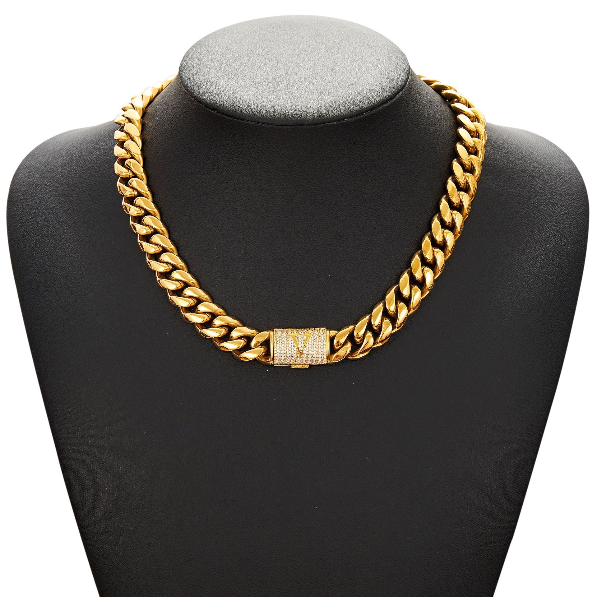 14mm Cuban Link Set - A-Z Custom Initial Iced Out Clasp，18K Gold