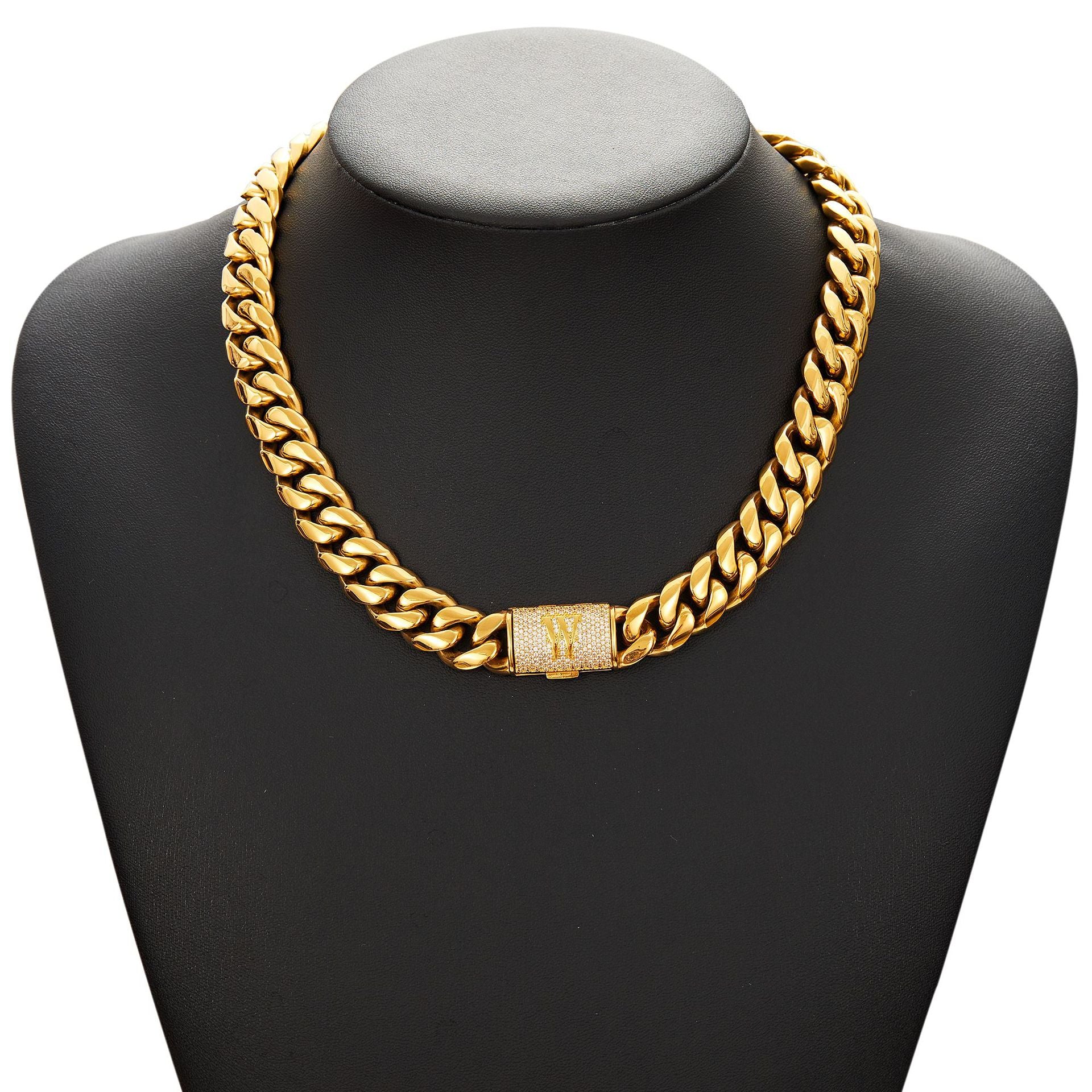 14mm Cuban Link Set - A-Z Custom Initial Iced Out Clasp，18K Gold