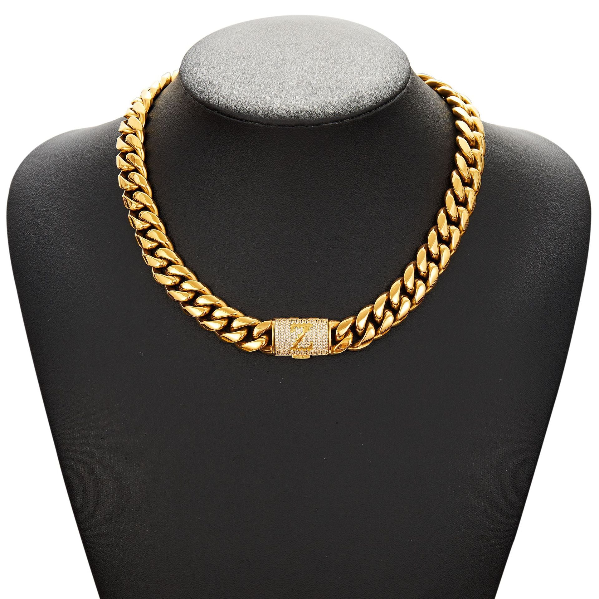14mm Cuban Link Set - A-Z Custom Initial Iced Out Clasp，18K Gold
