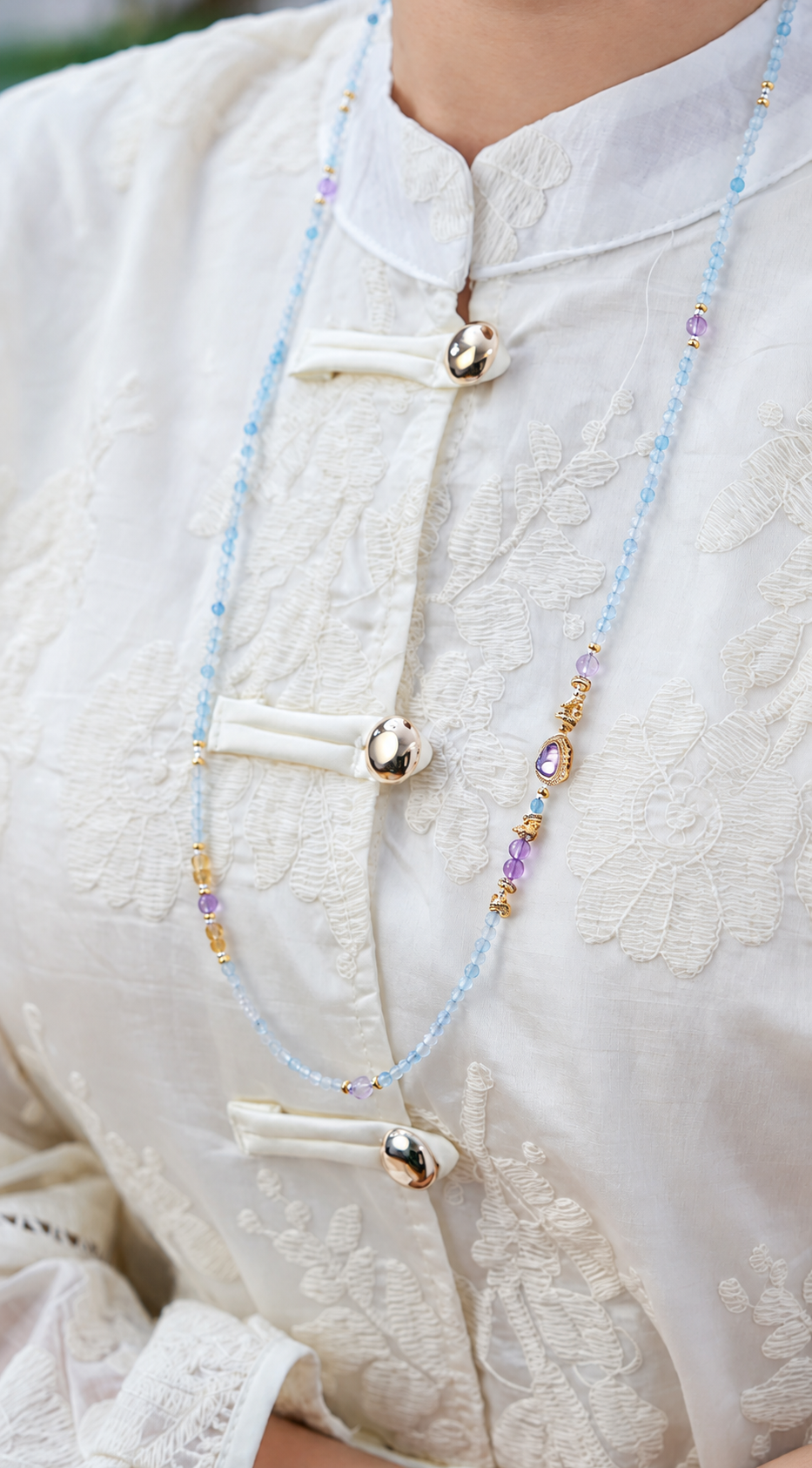 Aquamarine zodiac convertible strand styled as a long necklace