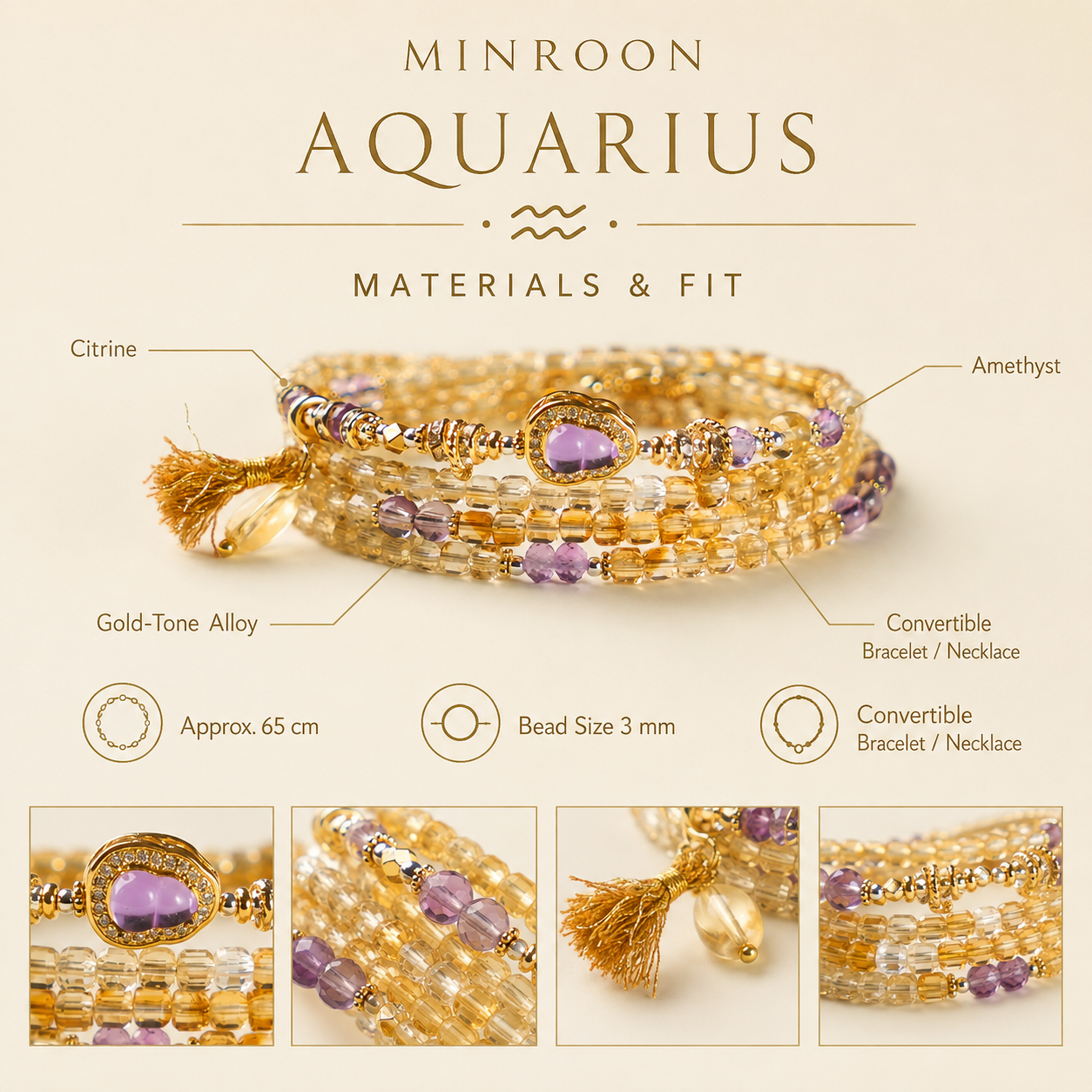 MINROON Aquarius citrine bracelet materials and fit guide