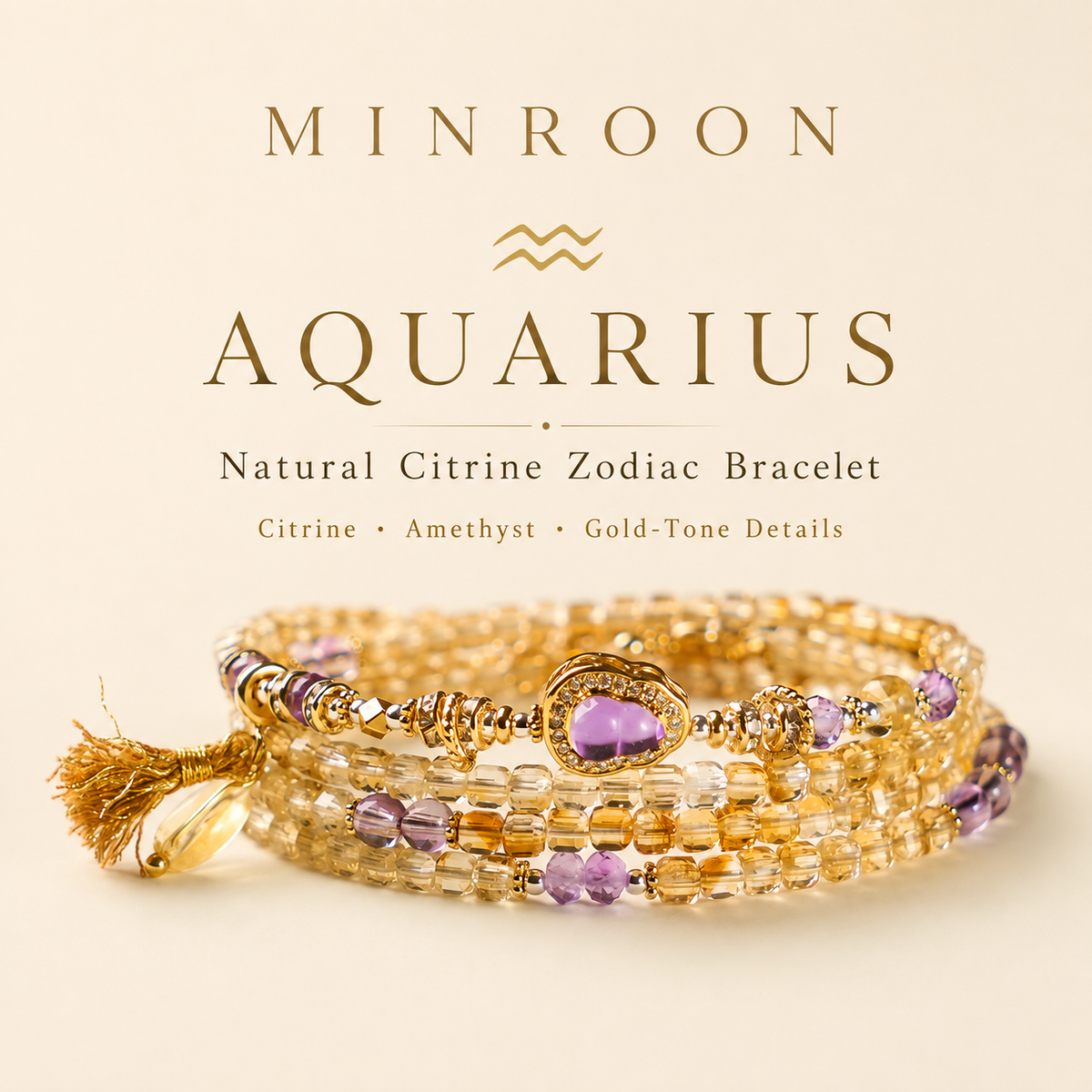 MINROON Aquarius natural citrine zodiac bracelet on a warm ivory background
