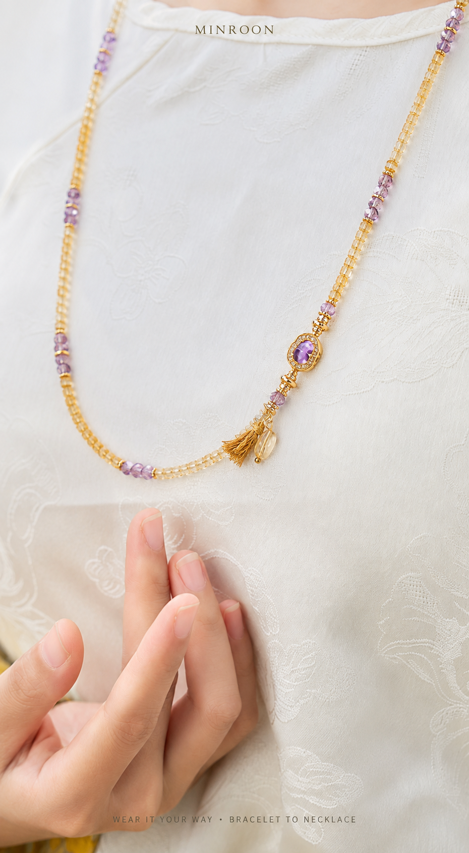 Aquarius natural citrine and amethyst bracelet styled as a necklace