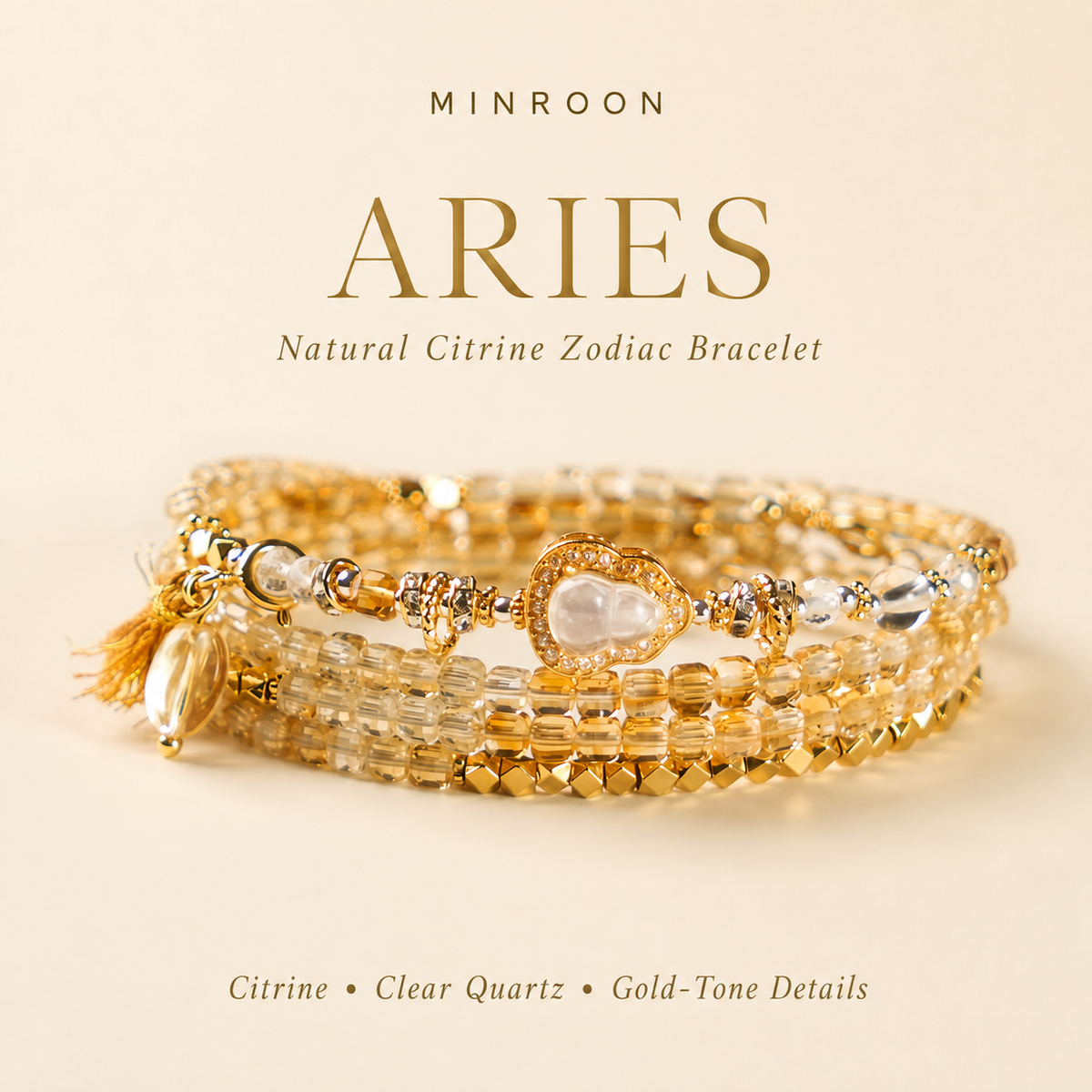 MINROON Aries natural citrine zodiac bracelet on a warm ivory background