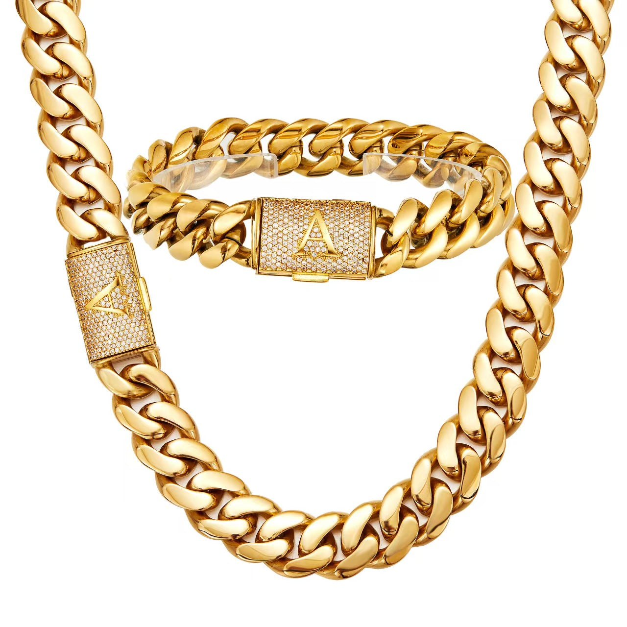 14mm Cuban Link Set - A-Z Custom Initial Iced Out Clasp，18K Gold