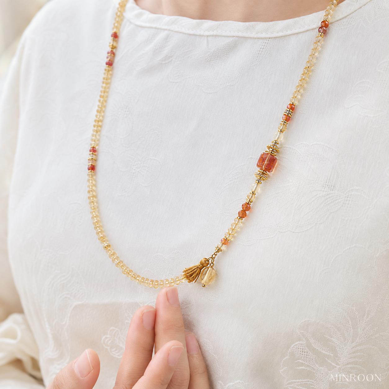 Capricorn citrine convertible necklace worn by model