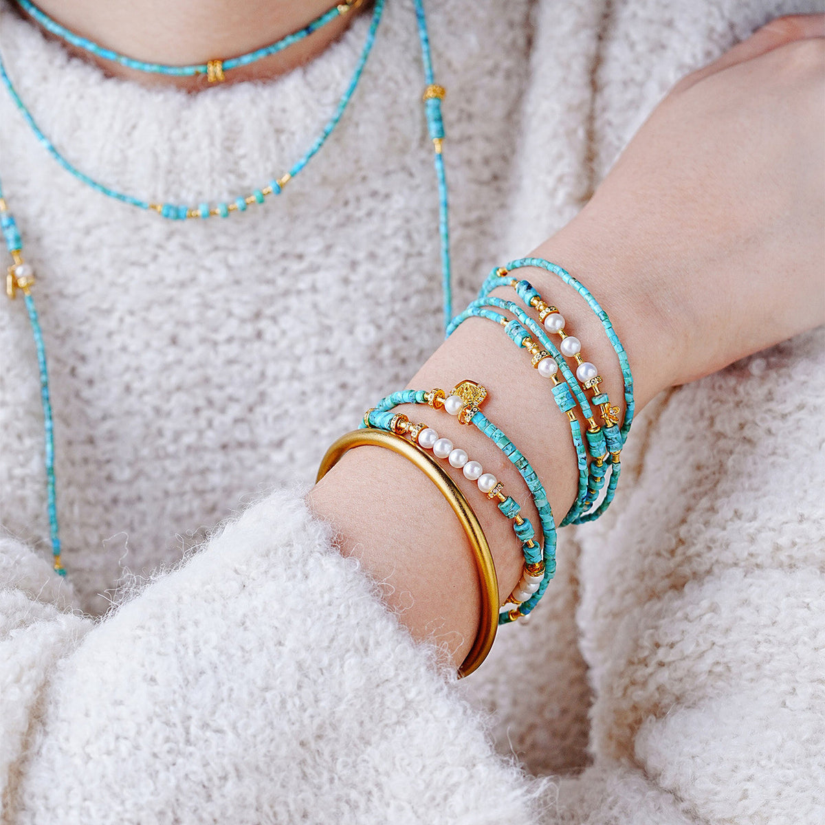 Turquoise convertible jewelry styled as necklace and layered bracelets