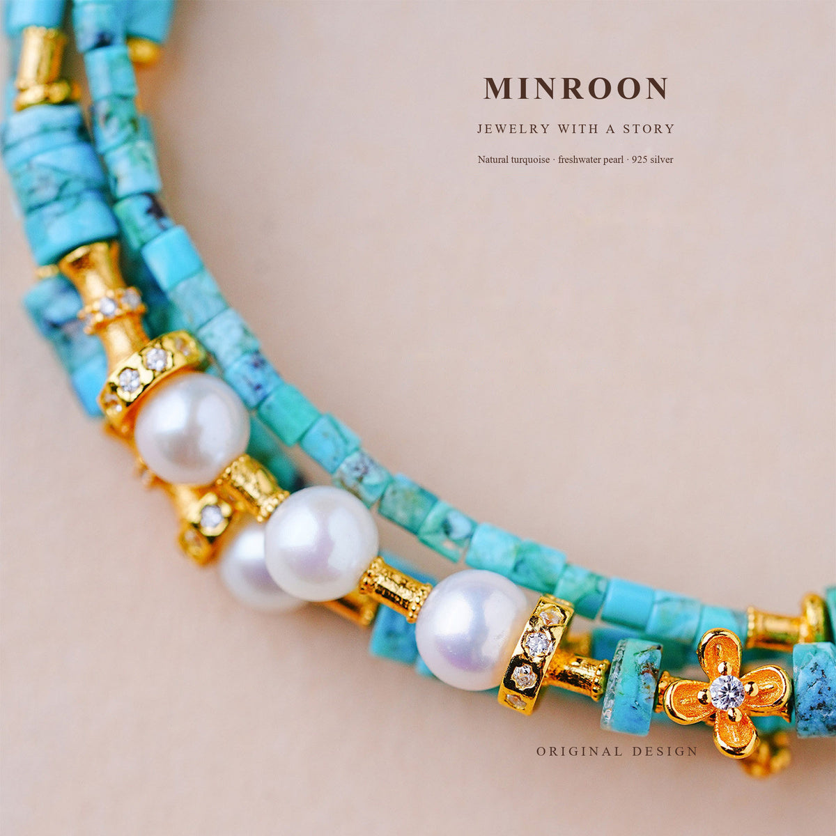 MINROON turquoise and freshwater pearl jewelry full-bleed close-up