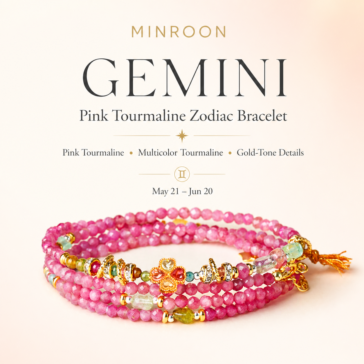 Gemini Pink Tourmaline Zodiac Bracelet