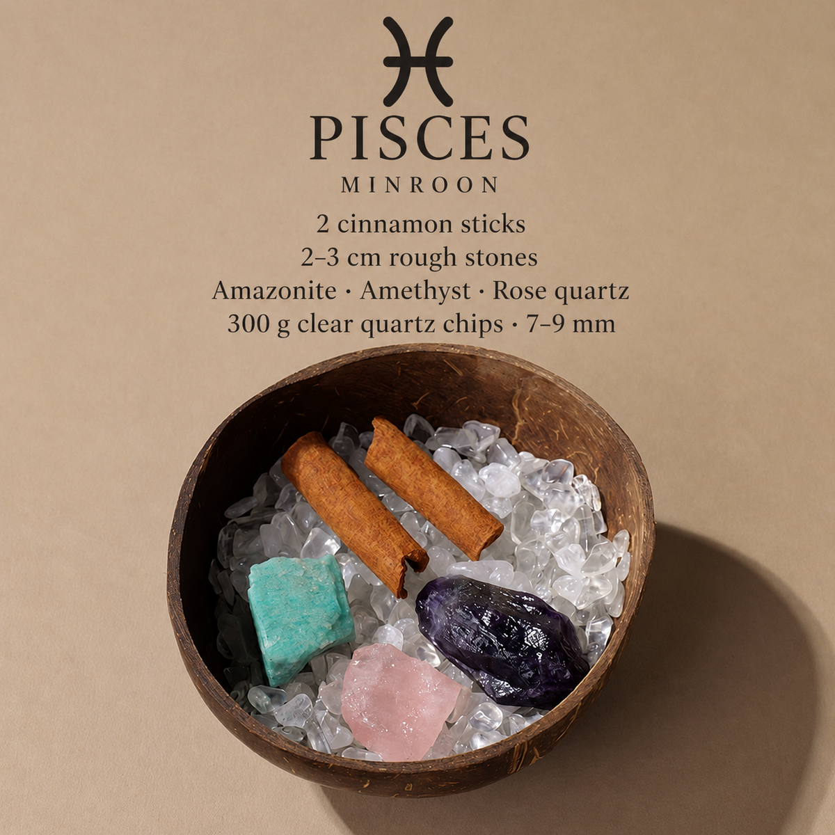 MINROON Pisces zodiac coconut shell bowl with clear quartz chips and three rough stones