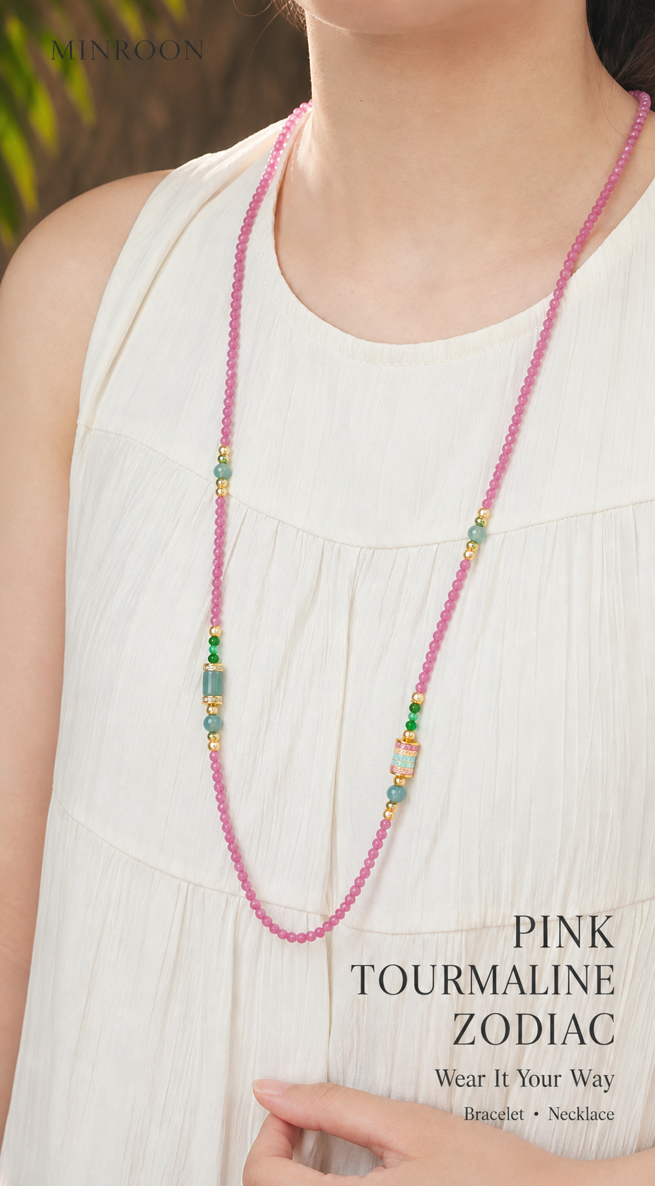 MINROON Cancer pink tourmaline convertible necklace worn by model