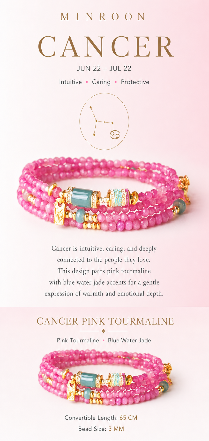 Cancer Pink Tourmaline Zodiac Bracelet story and specifications