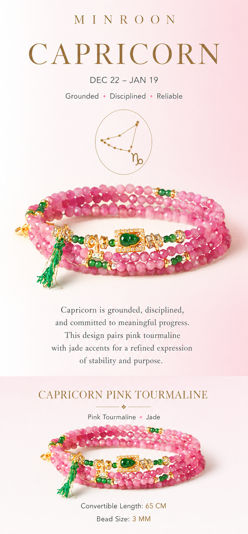 Capricorn Pink Tourmaline Zodiac Bracelet story and specifications