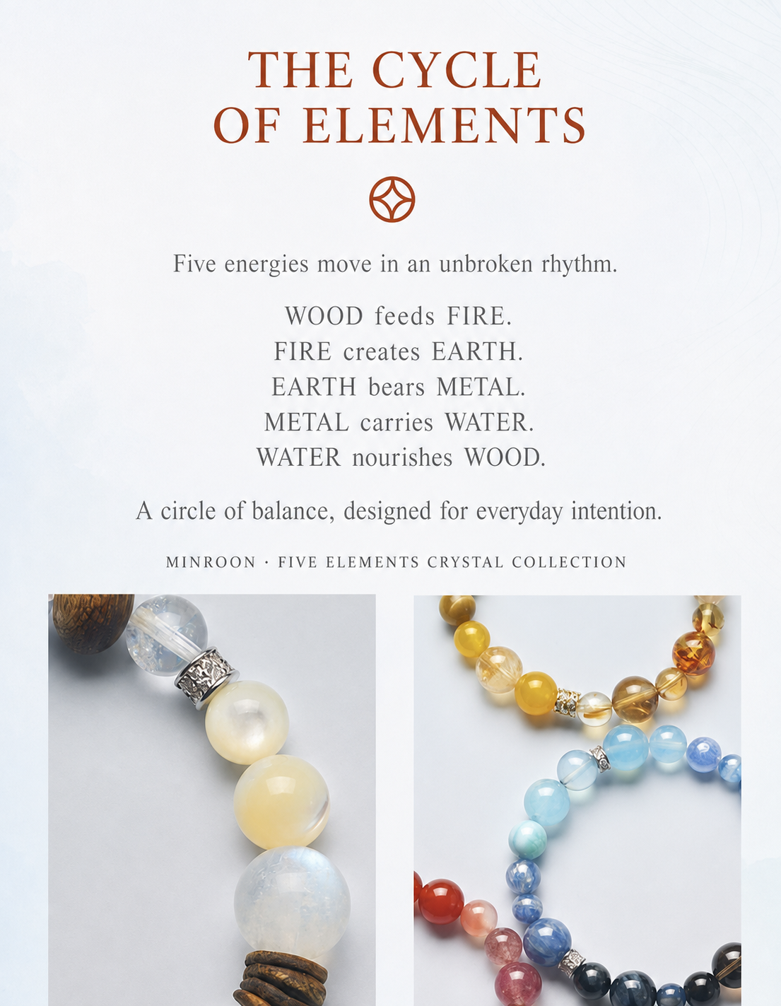 MINROON Five Elements cycle and crystal details