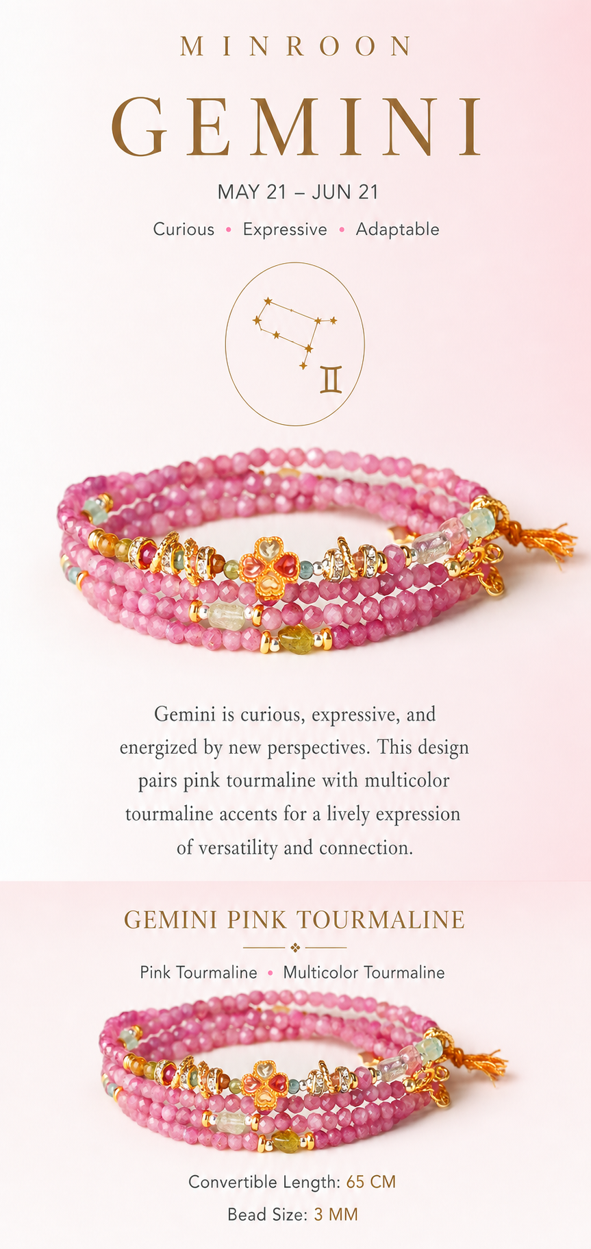 Gemini Pink Tourmaline Zodiac Bracelet story and specifications