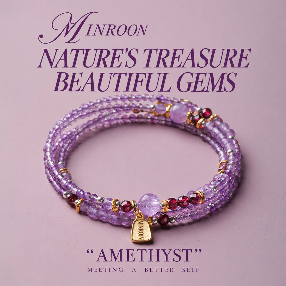 MINROON Joy Charm amethyst wrap bracelet coiled on a lilac background