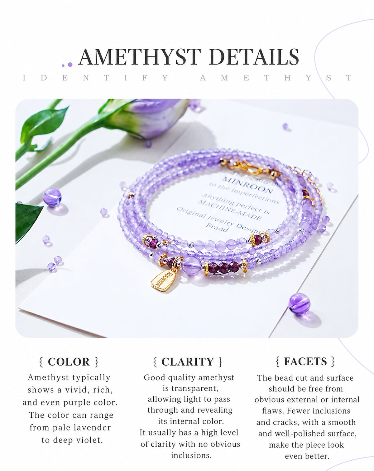 Amethyst bracelet and English color, clarity and facet details
