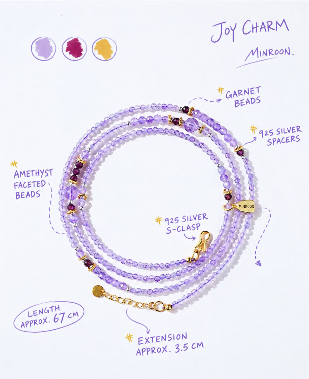 Amethyst necklace and bracelet material map with approximate length